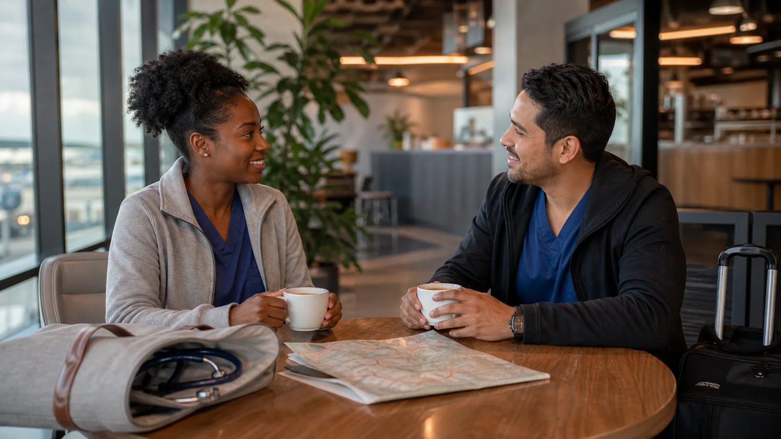 Two off-duty travel healthcare professionals discussing schedules at an airport cafe